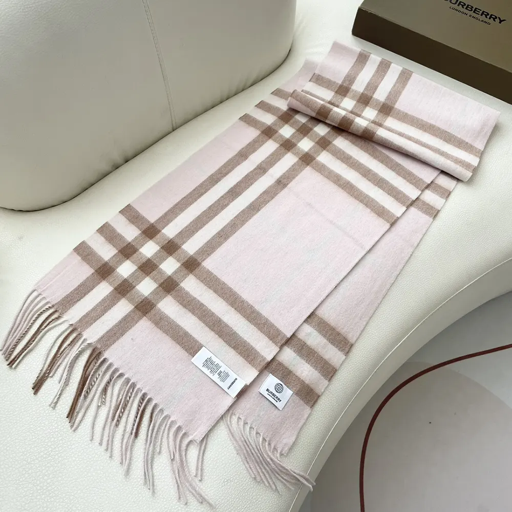 Styled wrap of Burberry Unisex Check Cashmere Scarf-Pink on mannequin
