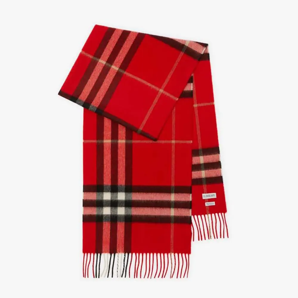 Front view of Burberry Unisex Check Cashmere Scarf-Red laid flat