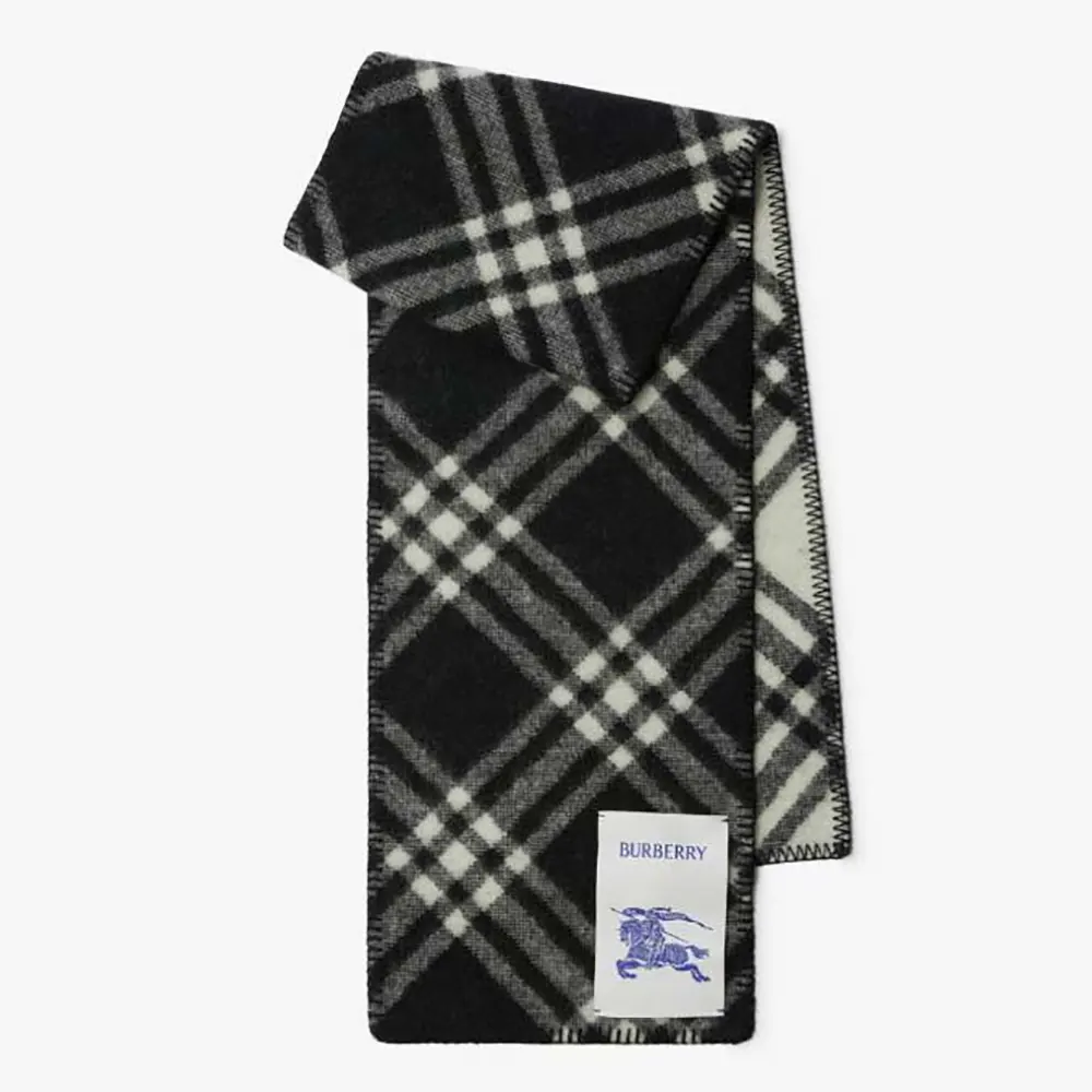 Front view of Burberry Unisex Check Wool Scarf-Black showing signature pattern