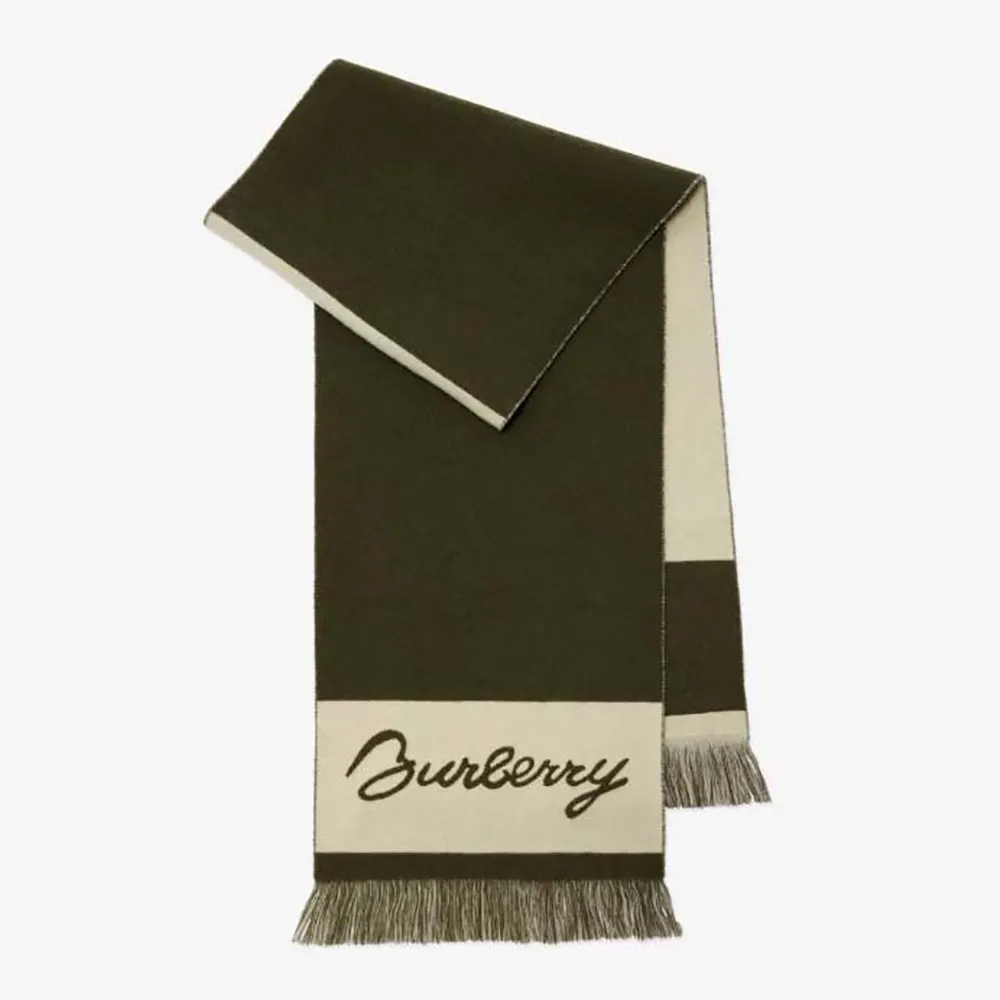 Front view of Burberry Unisex EKD Logo Wool Scarf-Dark Green draped