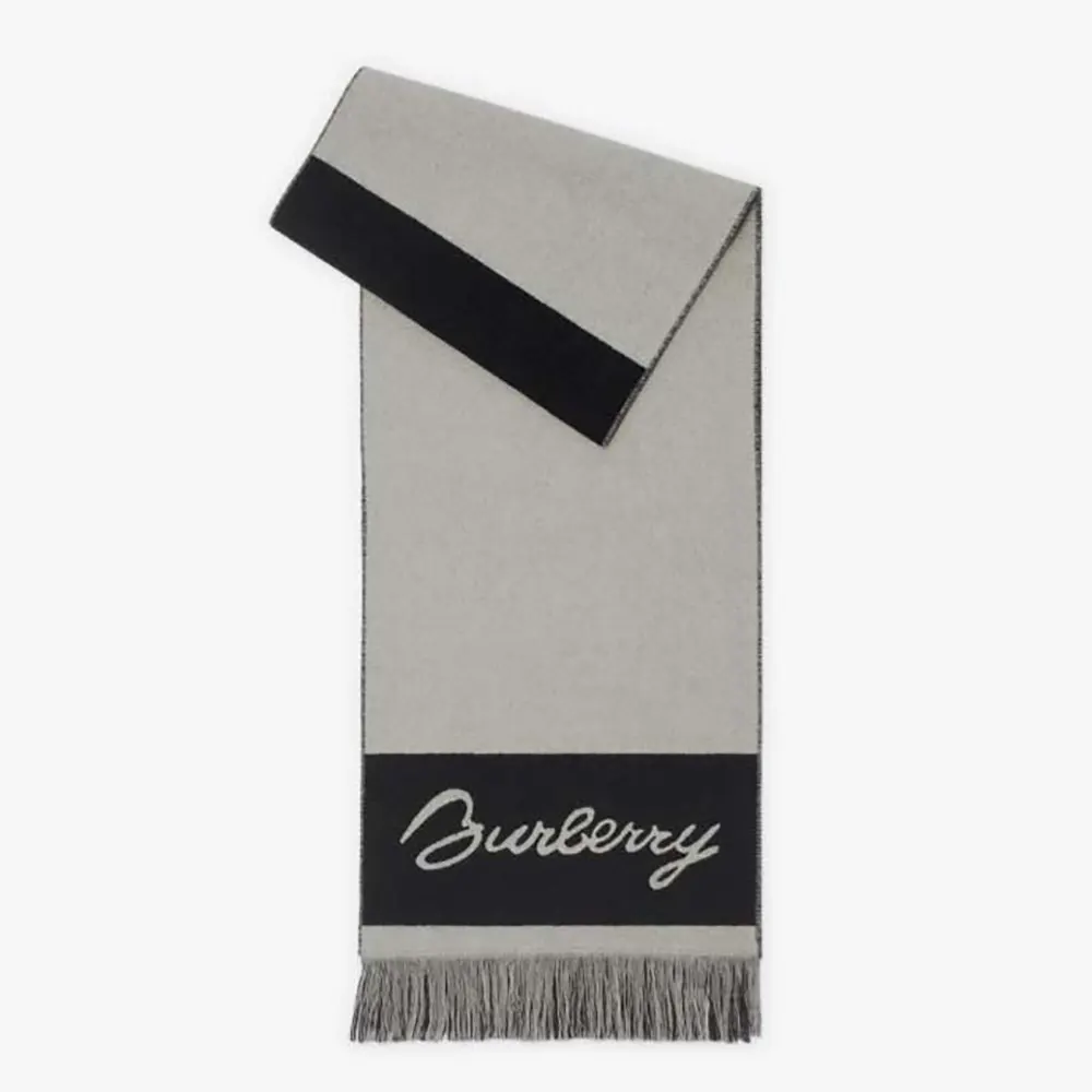 Front view of Burberry Unisex EKD Logo Wool Scarf-Grey laid flat