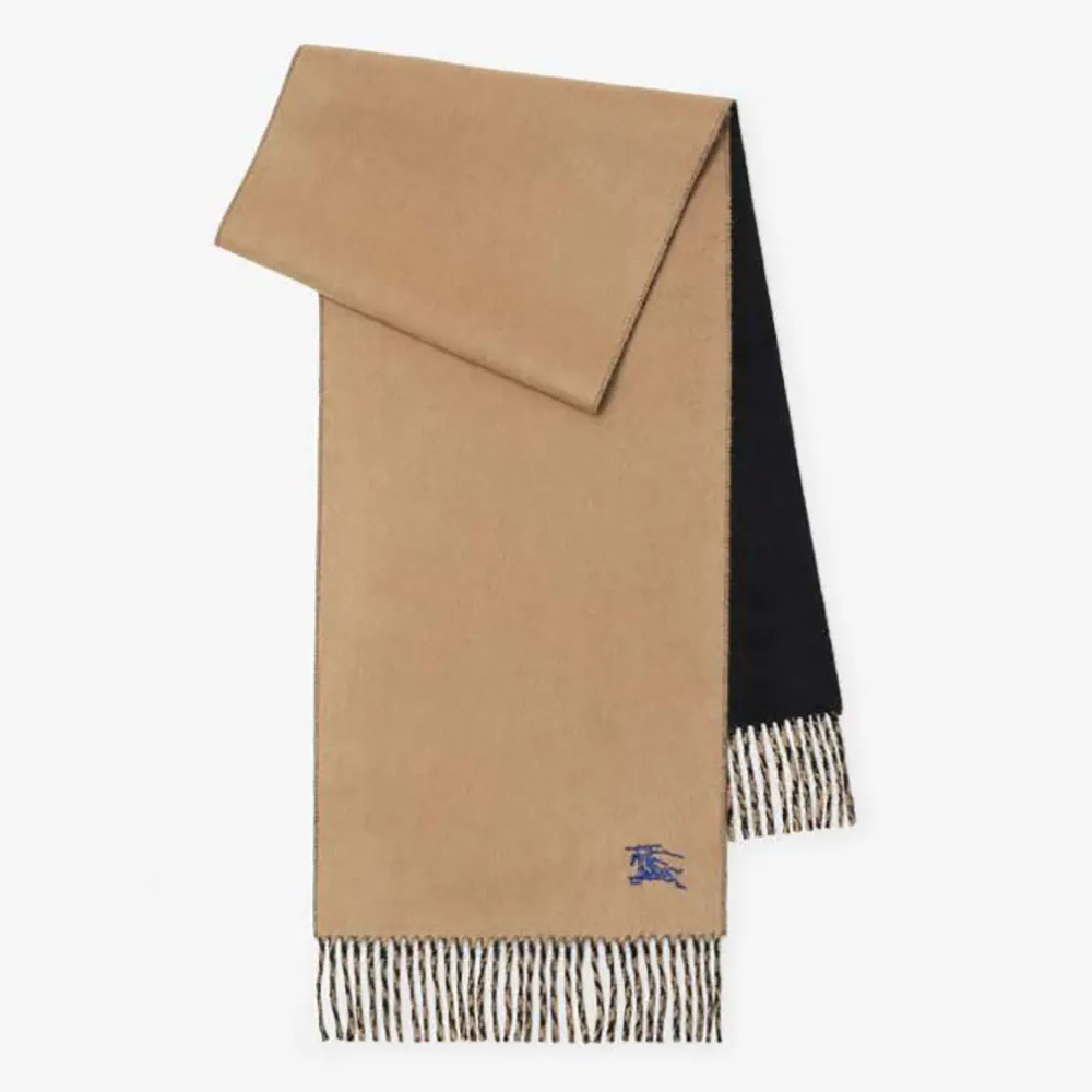 Front view of Burberry Unisex Reversible Cashmere Scarf-Beige draped neatly