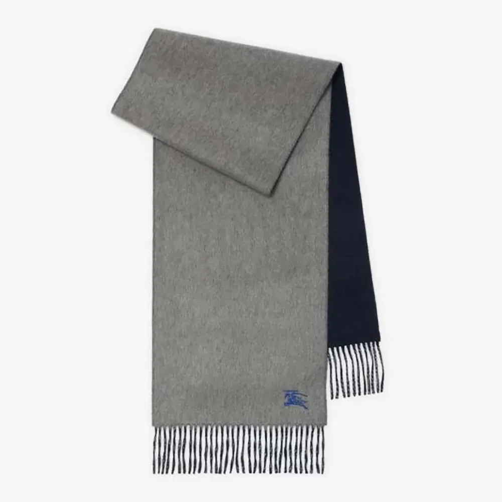 Front view of Burberry Unisex Reversible Cashmere Scarf-Grey showing soft texture