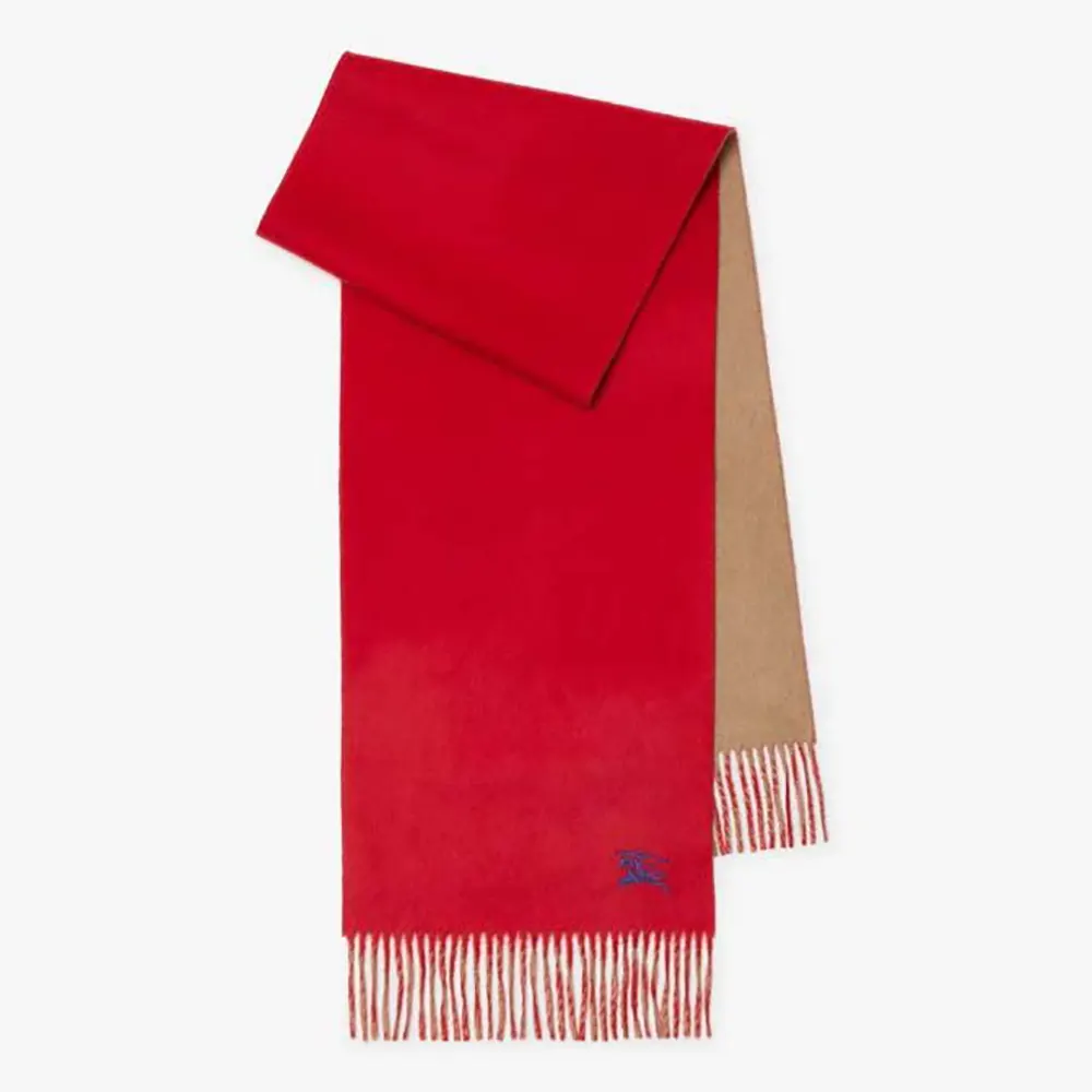Front view of Burberry Unisex Reversible Cashmere Scarf-Red folded neatly