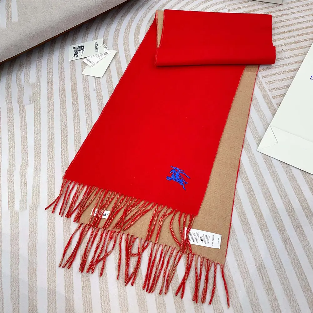 Burberry Unisex Reversible Cashmere Scarf-Red styled on a mannequin