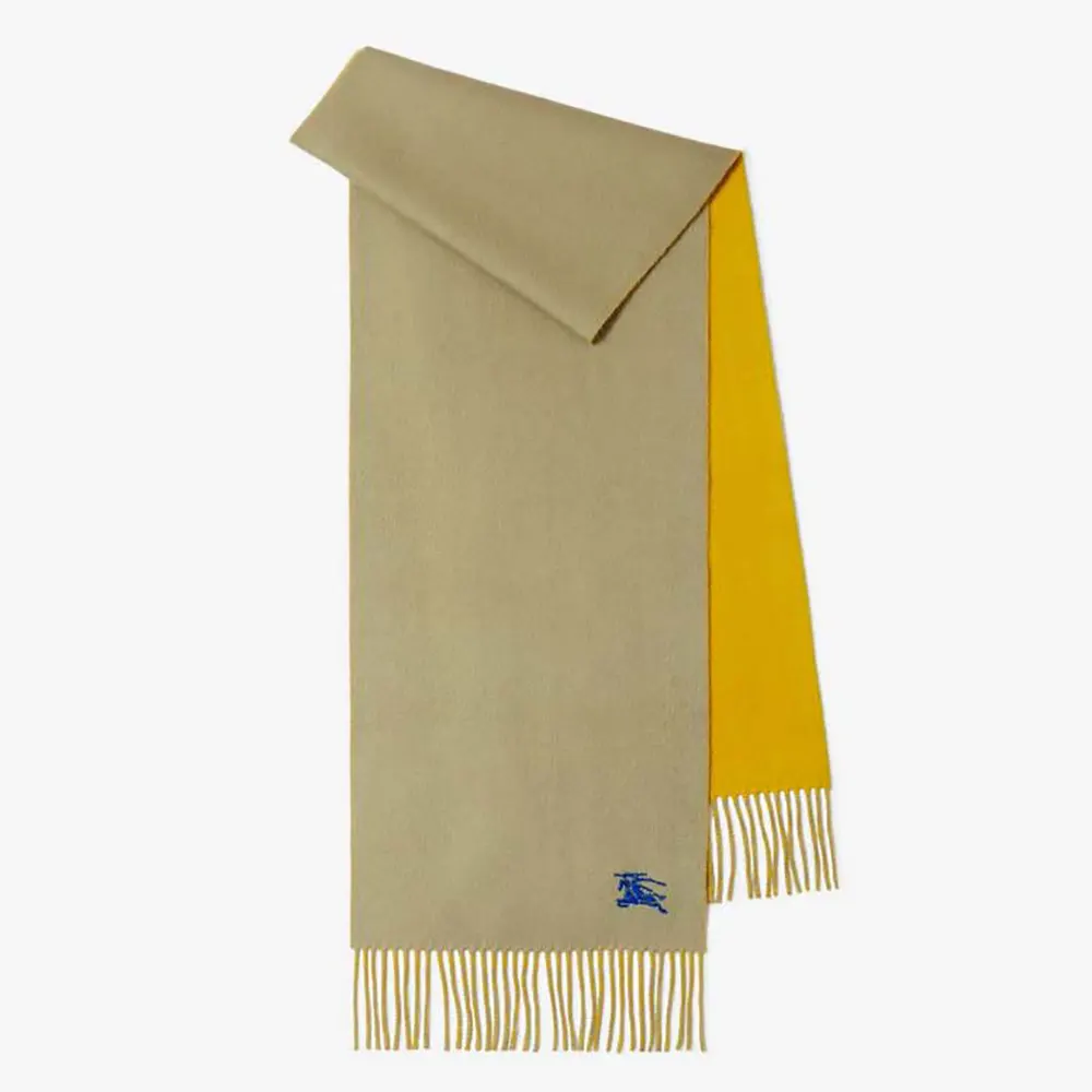 Front view of Burberry Unisex Reversible Cashmere Scarf-Yellow folded