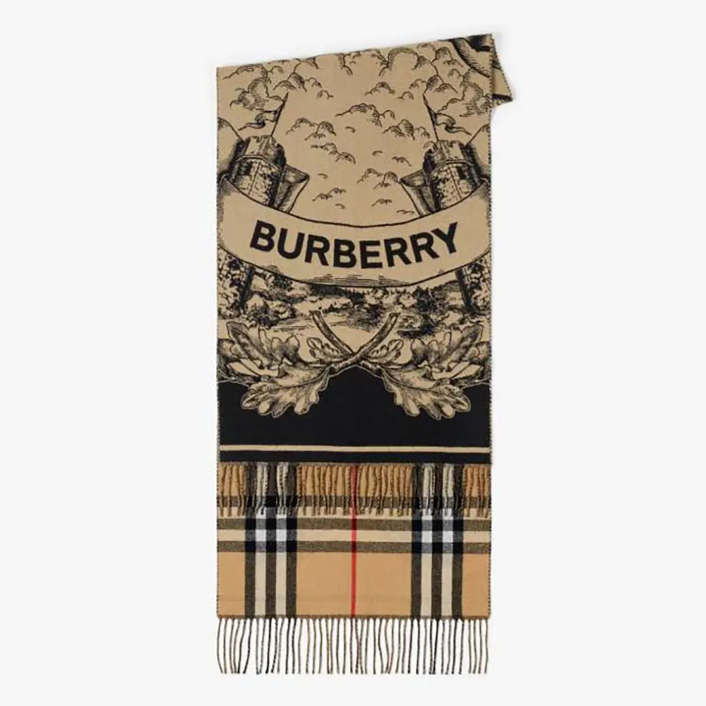 Front view of Burberry Unisex Reversible EKD Cashmere Scarf in brown