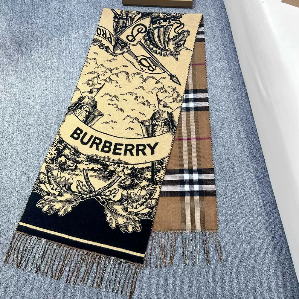 Close-up of Burberry check detail on cashmere scarf edge