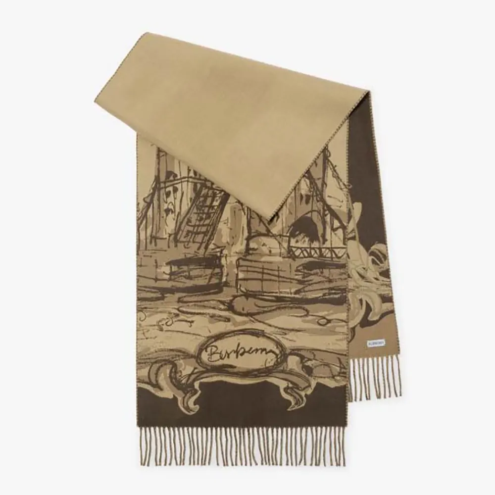 Front view of Burberry Unisex Tower Bridge Cashmere Scarf in brown