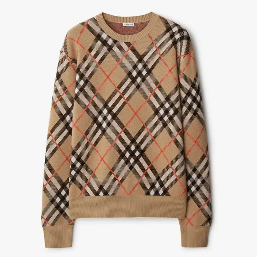 Front view of Burberry Women Check Wool Blend Sweater in brown