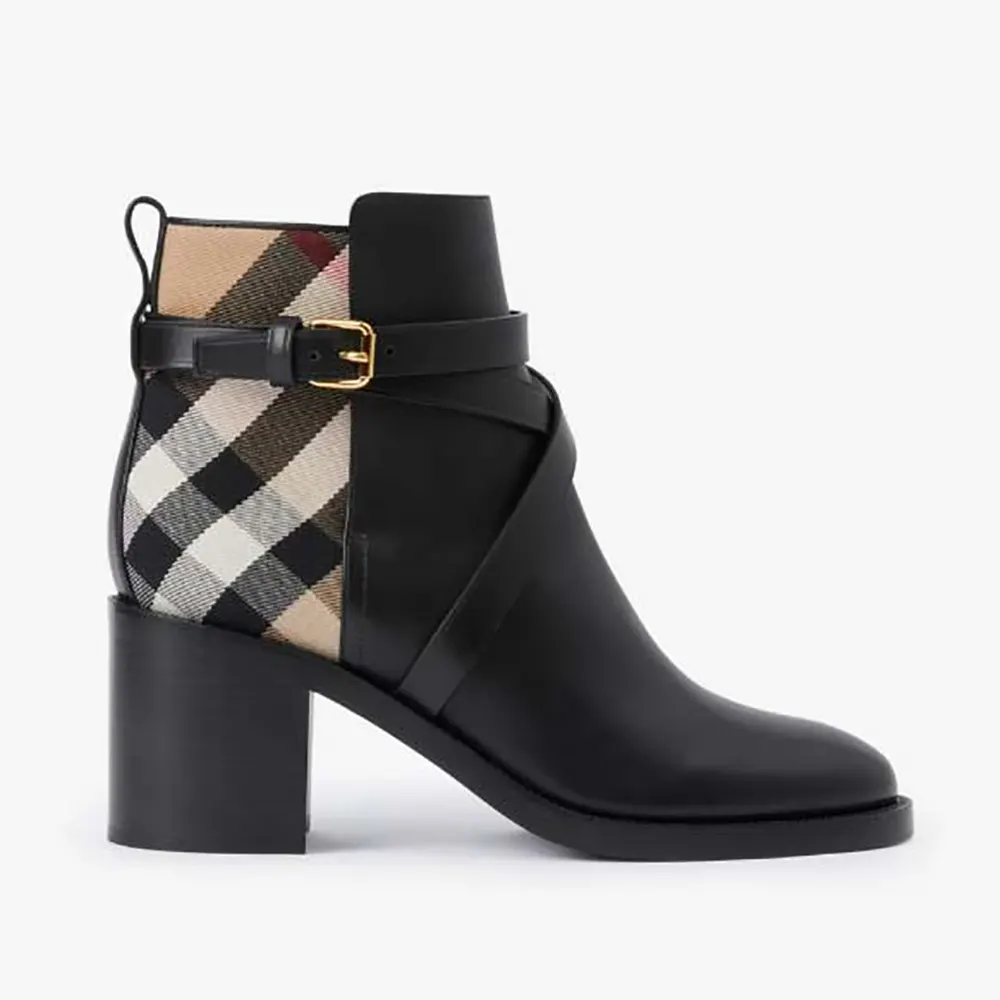 Front angle of Burberry Women House Check and Leather Ankle Boots