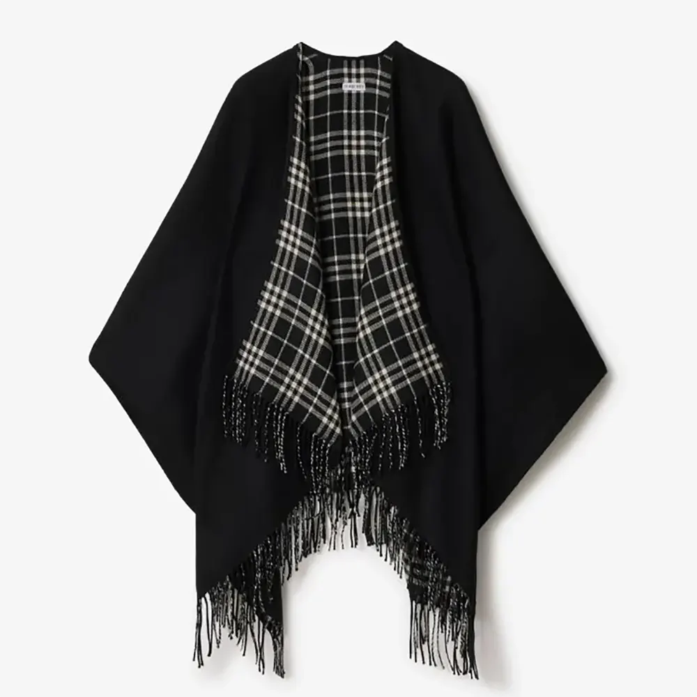 Front view of Burberry Women Reversible Check Wool Cape-Black showcasing reversible design