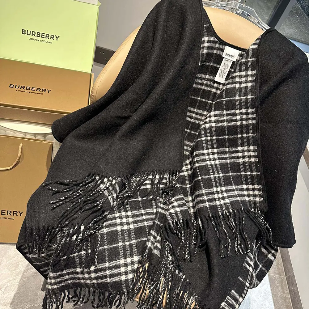 Burberry Women Reversible Check Wool Cape-Black - image 7
