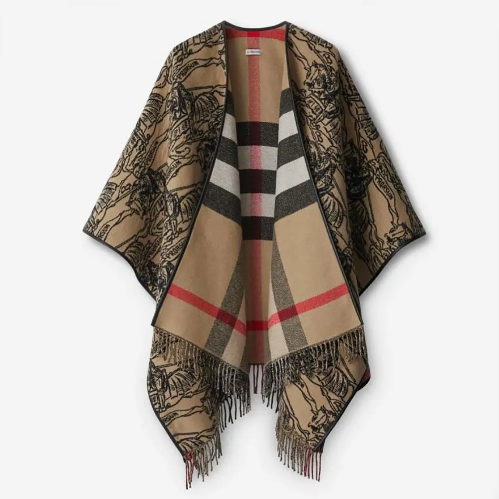 Front view of Burberry Women Reversible EKD Check Wool Cape-Brown draped