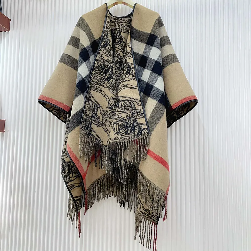Burberry Women Reversible EKD Check Wool Cape-Brown - image 4