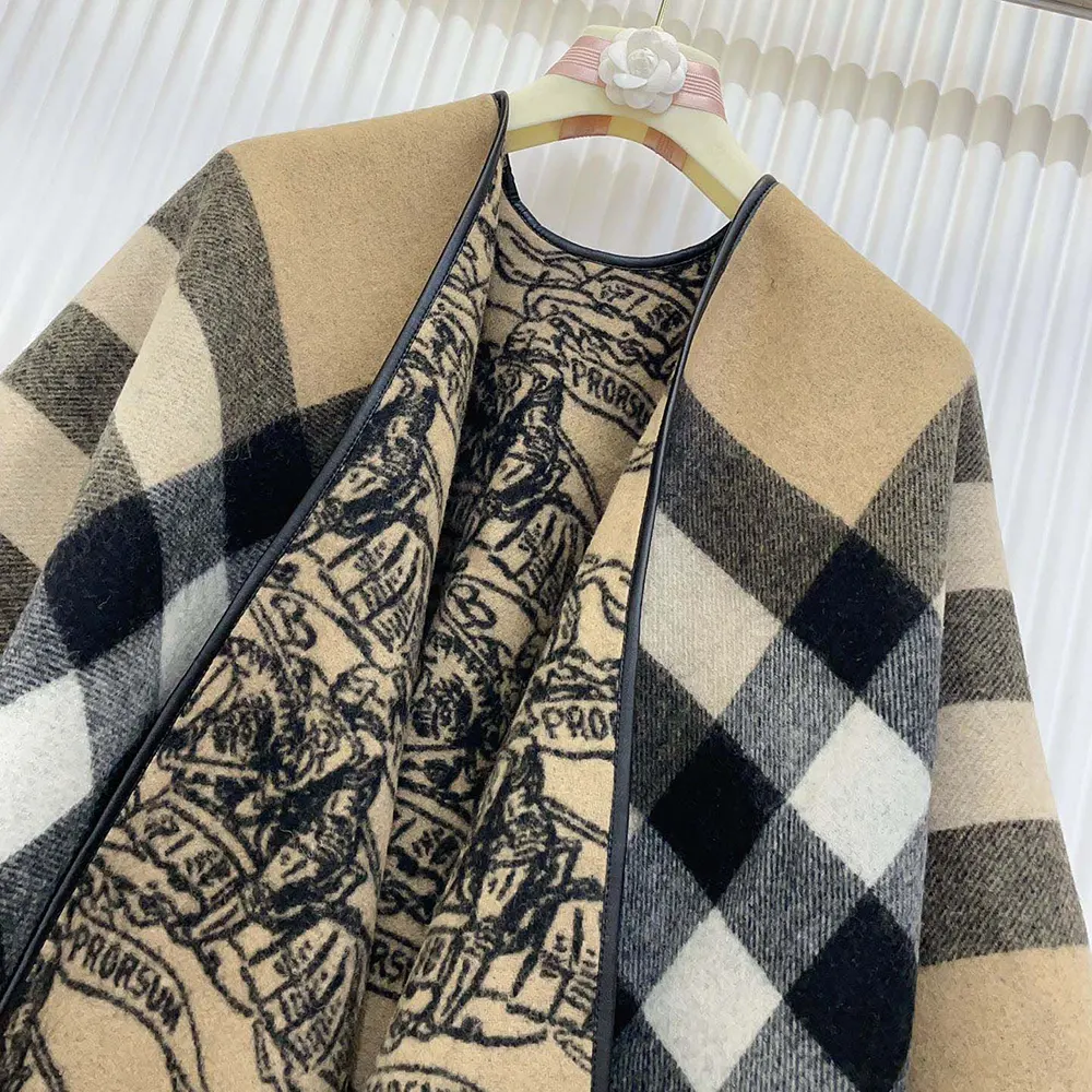 Burberry Women Reversible EKD Check Wool Cape-Brown - image 6