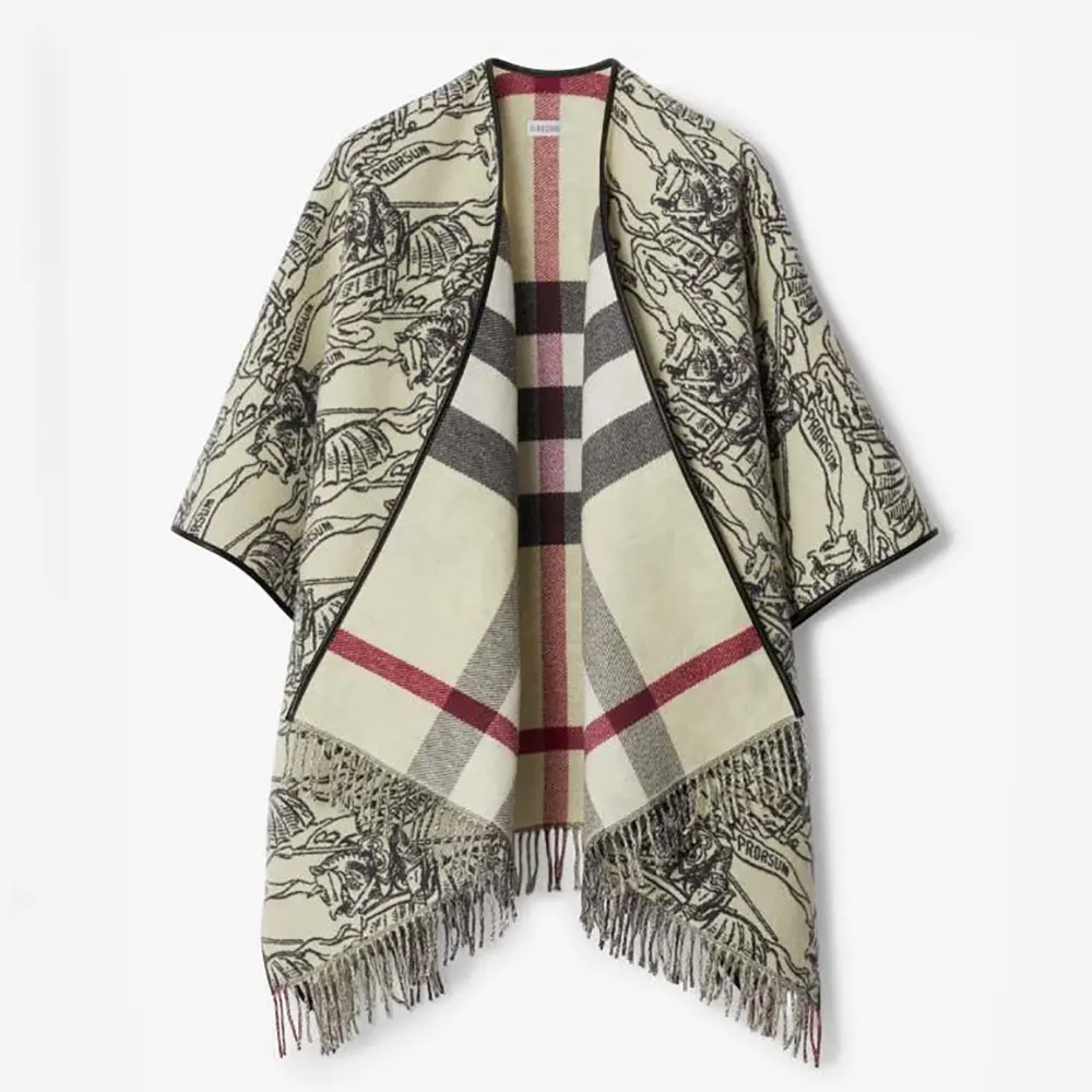 Front view of Burberry Women Reversible EKD Check Wool Cape-White worn open