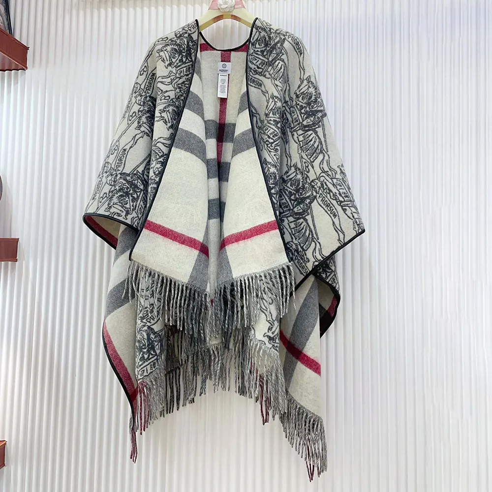 Burberry Women Reversible EKD Check Wool Cape-White - image 4