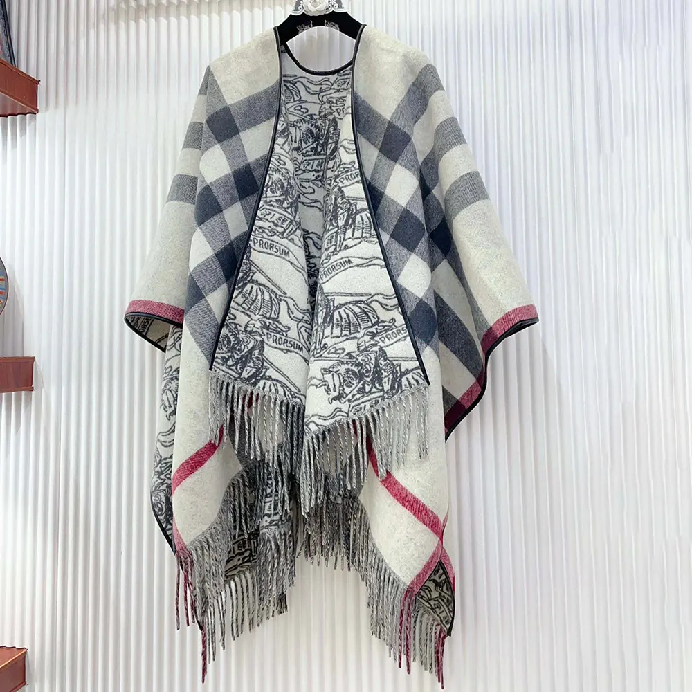 Burberry Women Reversible EKD Check Wool Cape-White - image 5