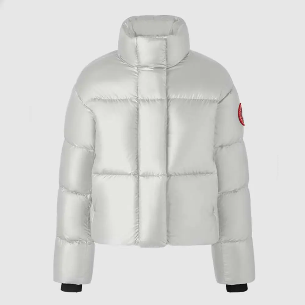 Front view of Canada Goose Women Cypress Cropped Puffer Shiny-Silverbirch