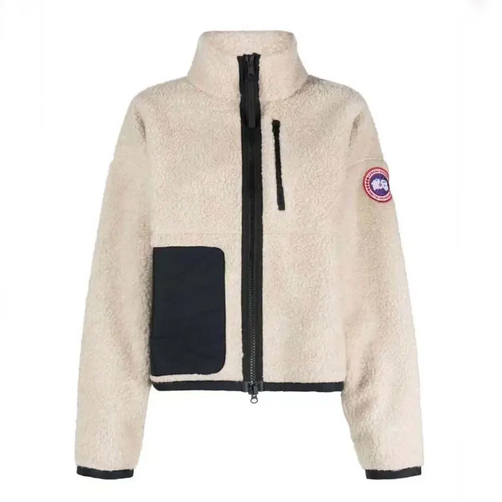 Front view of Canada Goose Women Beige Simcoe Fleece Jacket with snap buttons