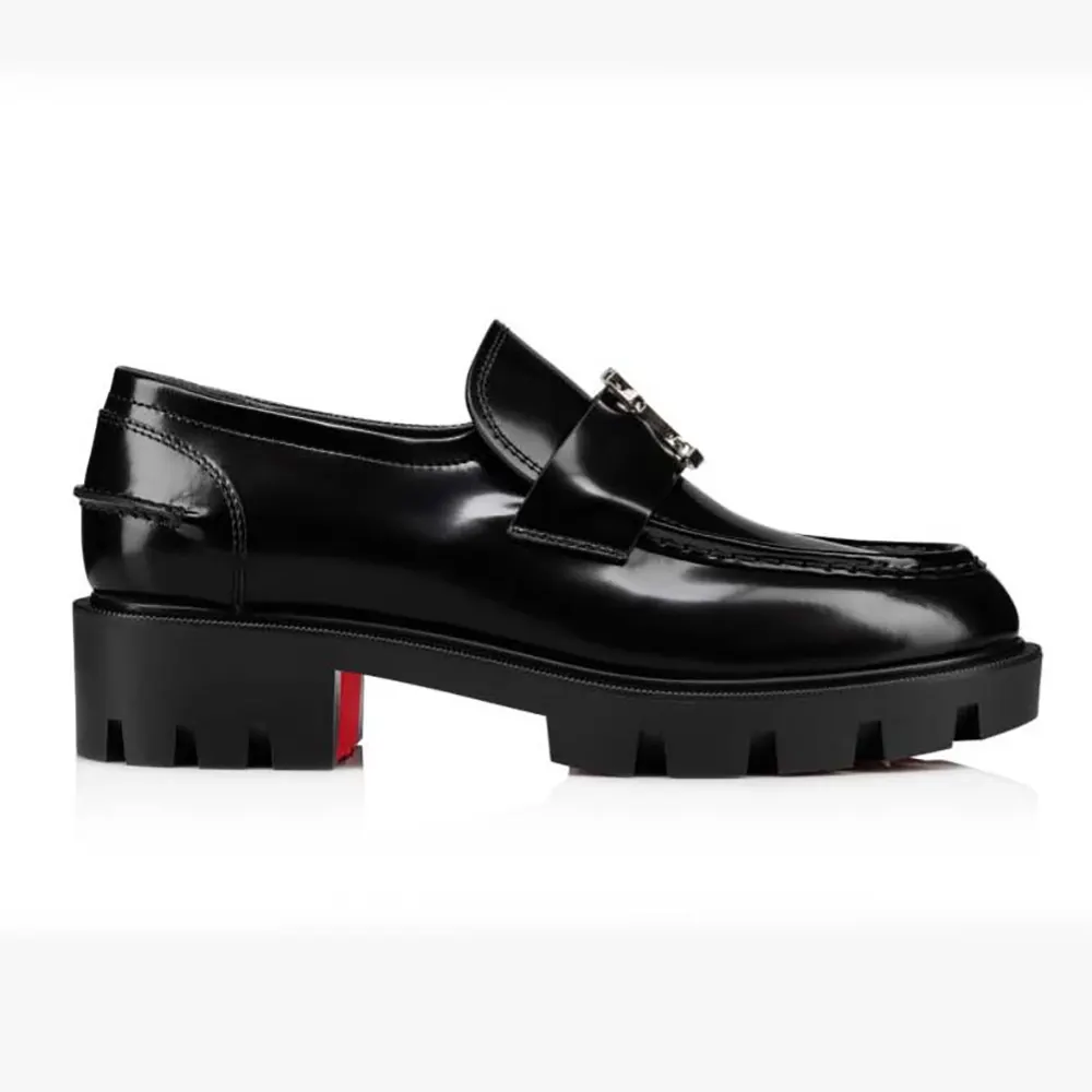 Side view of Christian Louboutin Women CL Moc Lug Loafers Abrasivato Calf Leather-Black