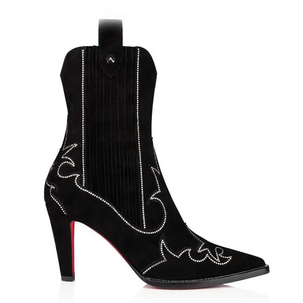 Side profile of Christian Louboutin Women Santigag Strass 85 mm Low Boots black suede