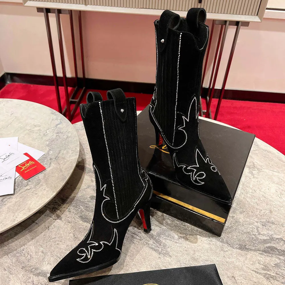 Christian Louboutin Women Santigag Strass 85 mm Low Boots Veau Velours and Strass-Black - image 6