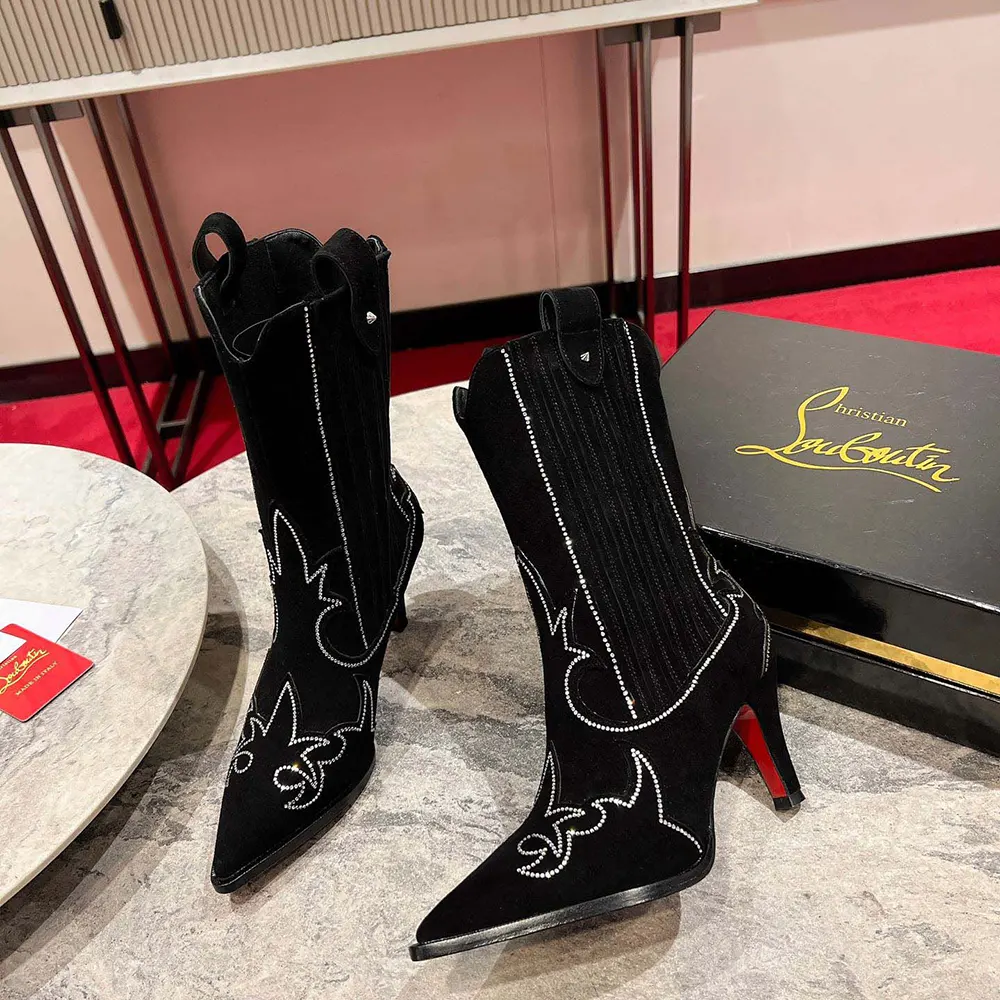 Christian Louboutin Women Santigag Strass 85 mm Low Boots Veau Velours and Strass-Black - image 4