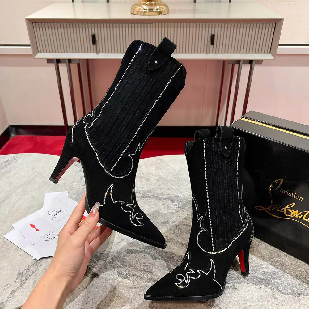 Christian Louboutin Women Santigag Strass 85 mm Low Boots Veau Velours and Strass-Black - image 5