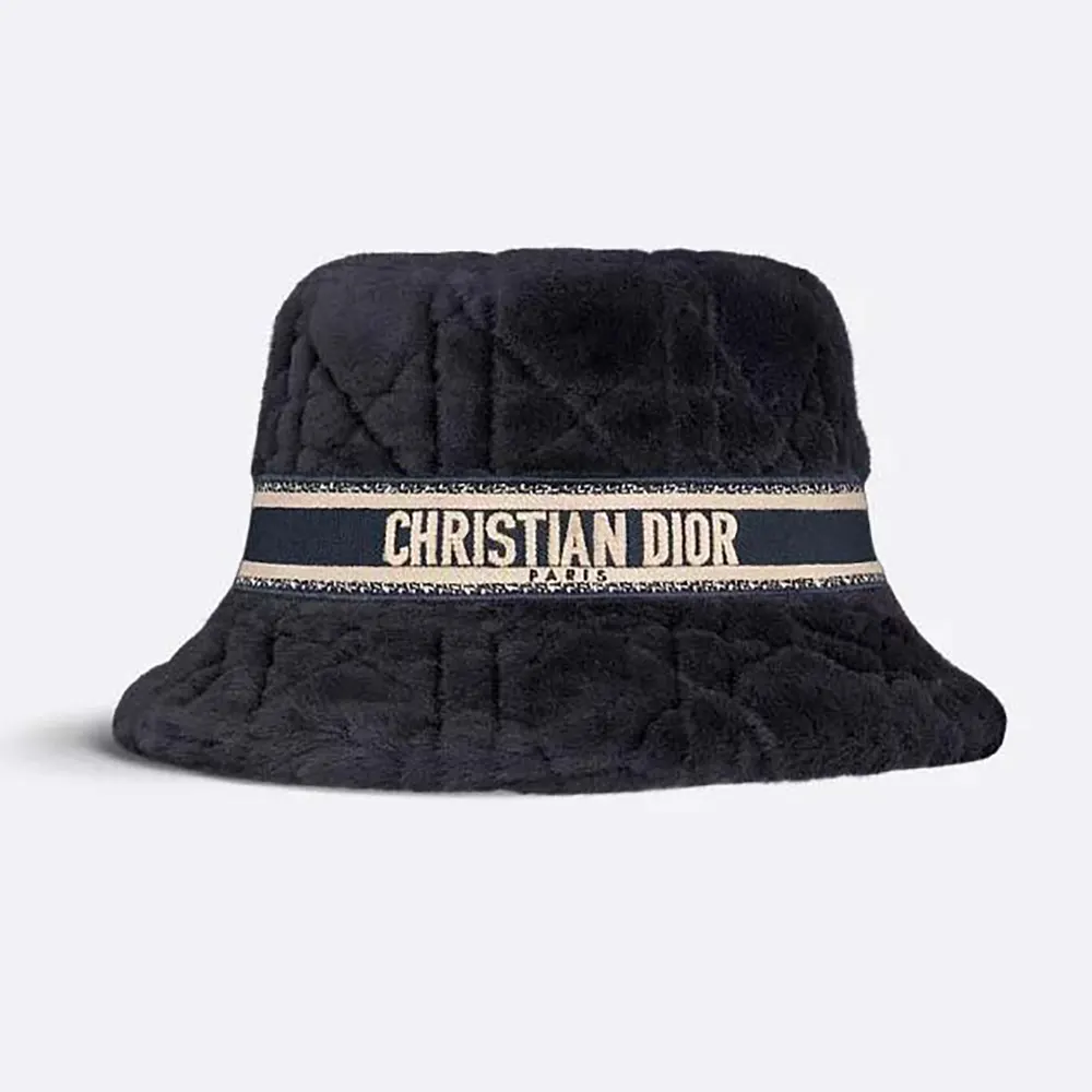 Front view of Dior Unisex D-Bobby Cannage Small Brim Bucket Hat Black Shearling