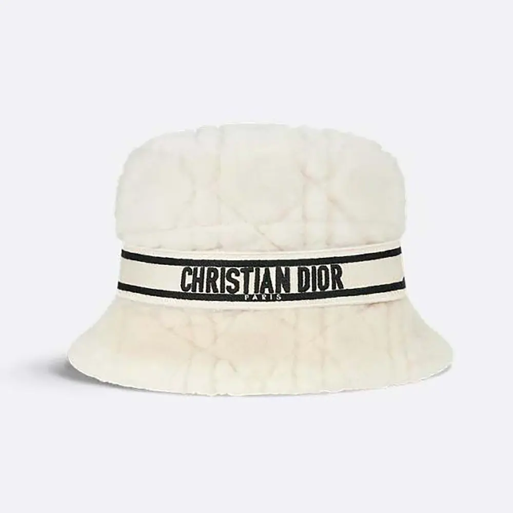 Front view of Dior Unisex D-Bobby Cannage Small Brim Bucket Hat Ecru Shearling