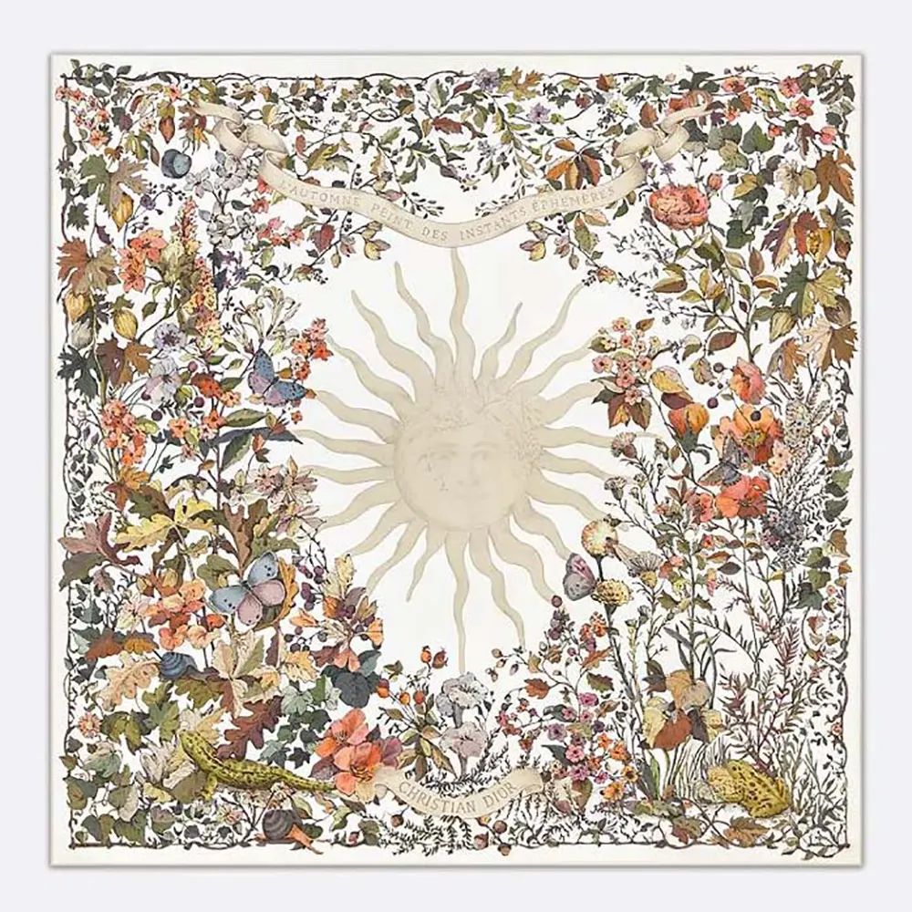 Dior Unisex Dior 4 Saisons Automne Soleil 90 Square Scarf ecru multicolor silk twill flat lay