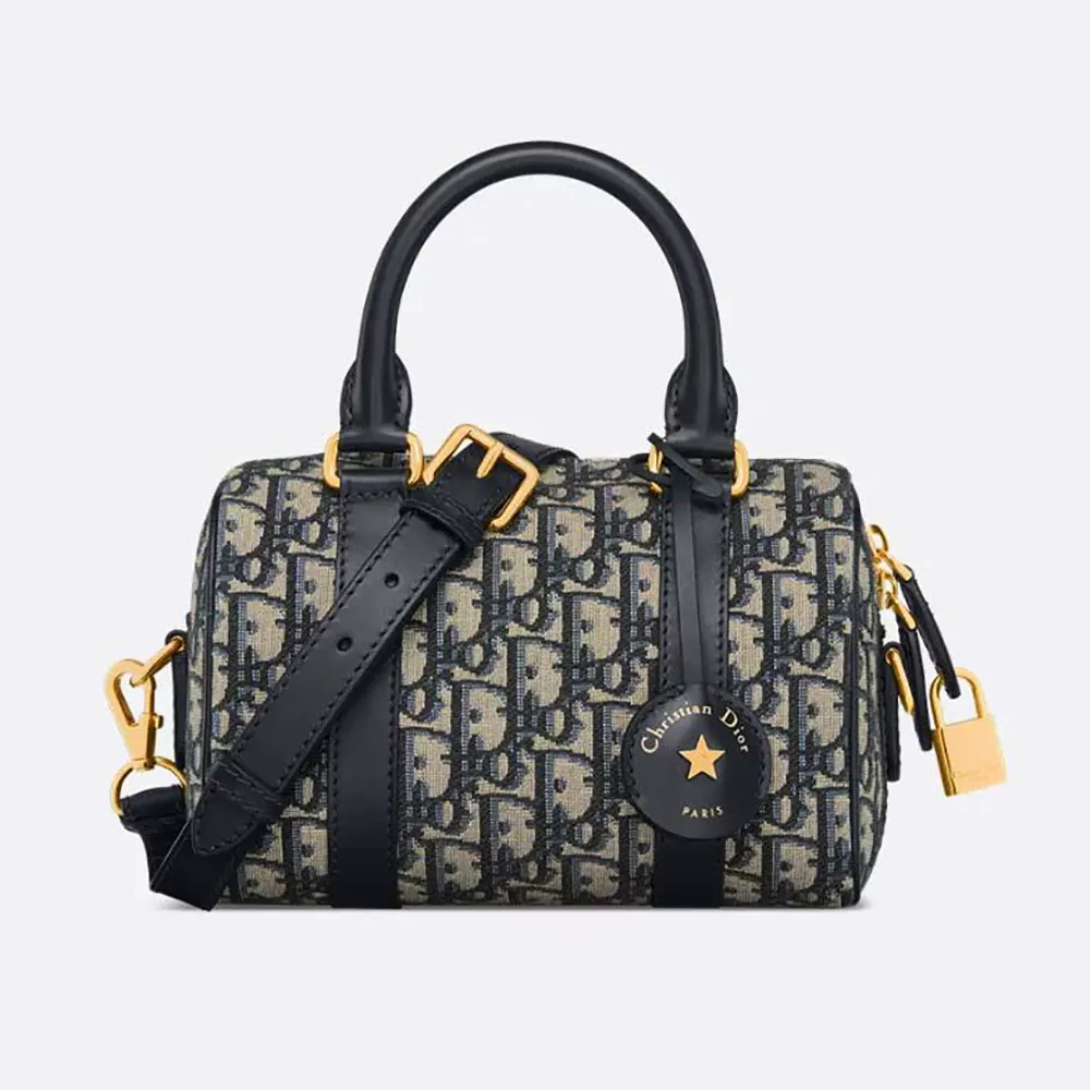 Front angle of Dior Unisex Dior Groove 20 Bag Blue Dior Oblique Jacquard