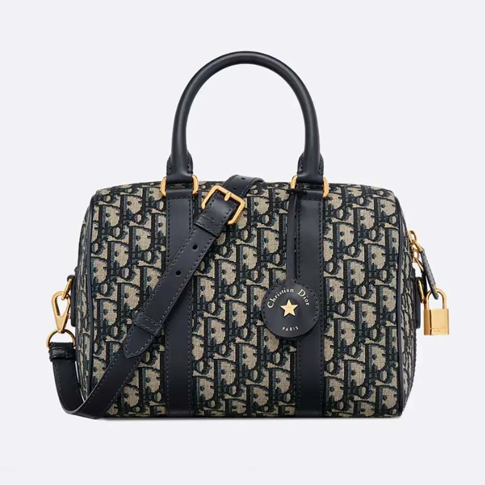 Front view of Dior Unisex Dior Groove 25 Bag Blue Dior Oblique Jacquard