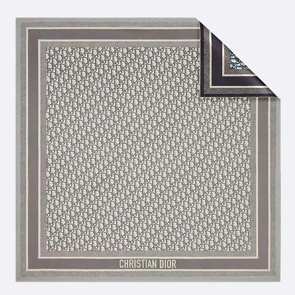 Front view of Dior Unisex Dior Oblique Diortwin 90 Square Scarf gray navy silk twill
