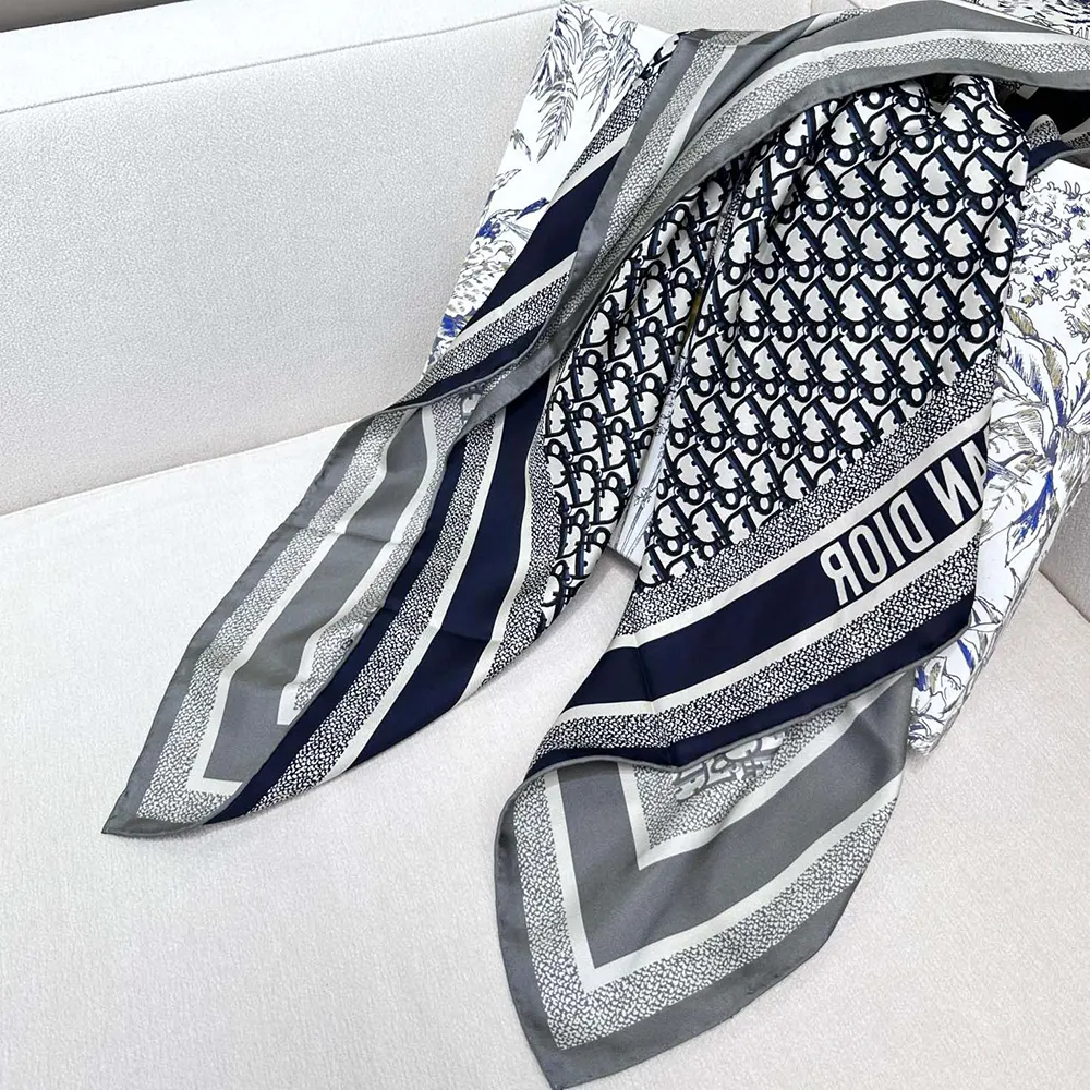Dior Unisex Dior Oblique Diortwin 90 Square Scarf Gray and Navy Blue Silk Twill - image 5