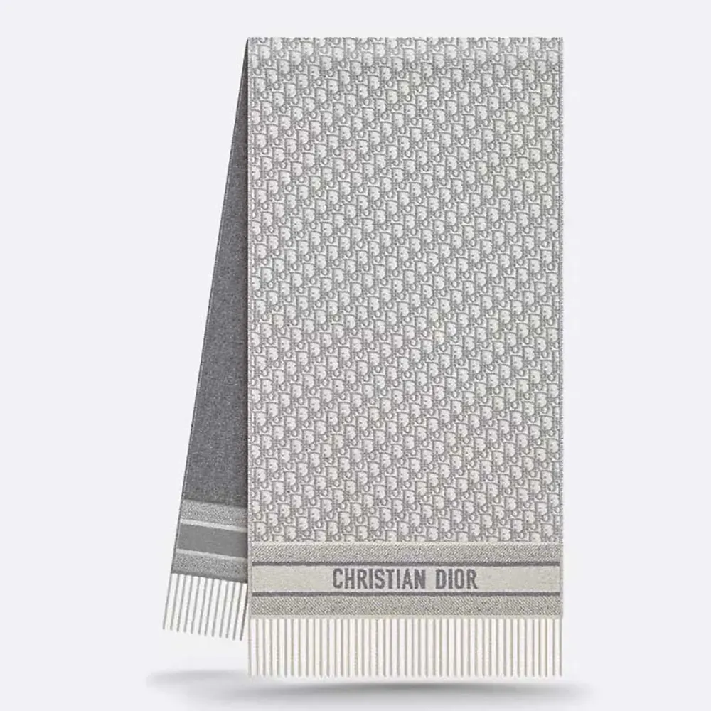 Front view of Dior Unisex Oblique Scarf Ecru and Gray Cashmere folded