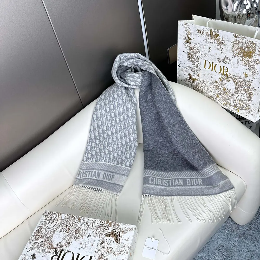 Dior Unisex Oblique Scarf Ecru and Gray Cashmere - image 5