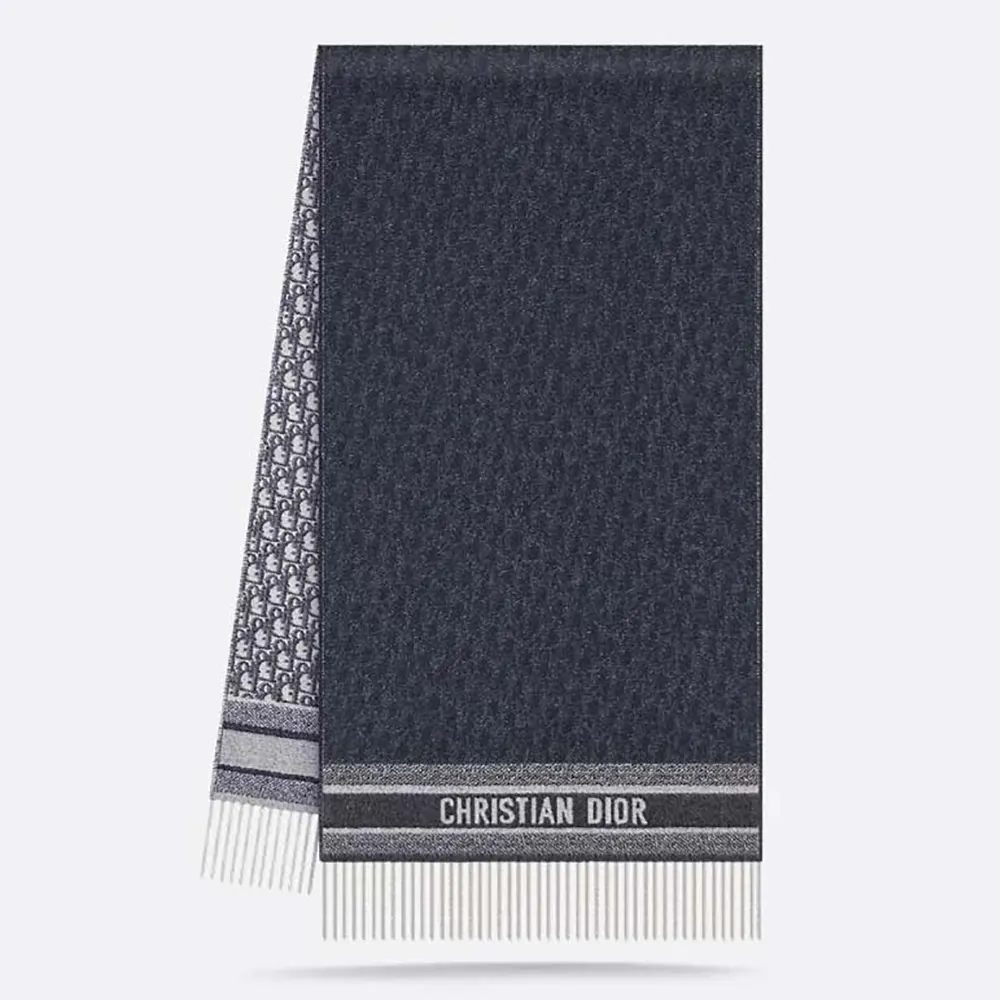 Front view of Dior Unisex Oblique Scarf Ecru and Navy Blue Cashmere draped