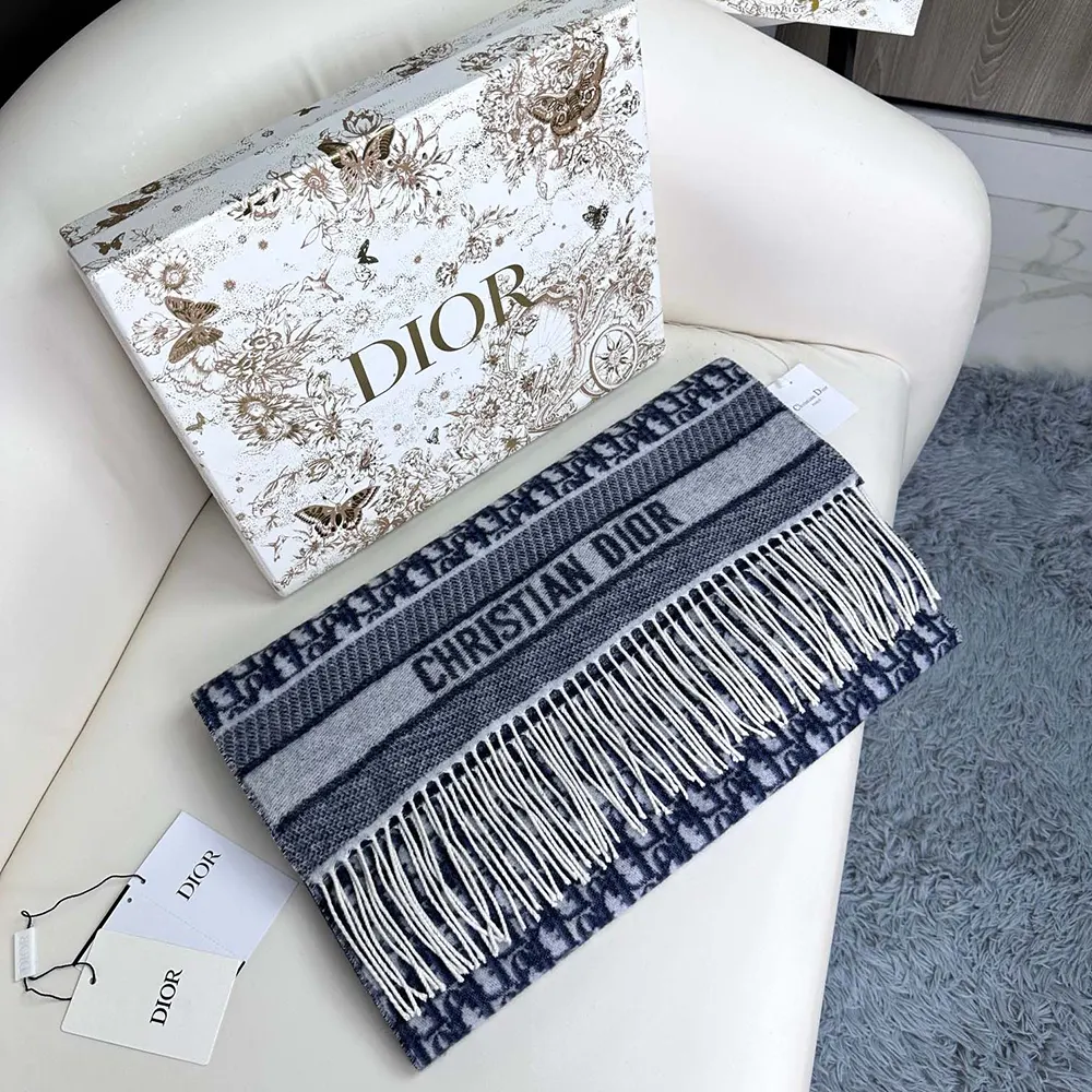 Dior Unisex Oblique Scarf Ecru and Navy Blue Cashmere - image 4