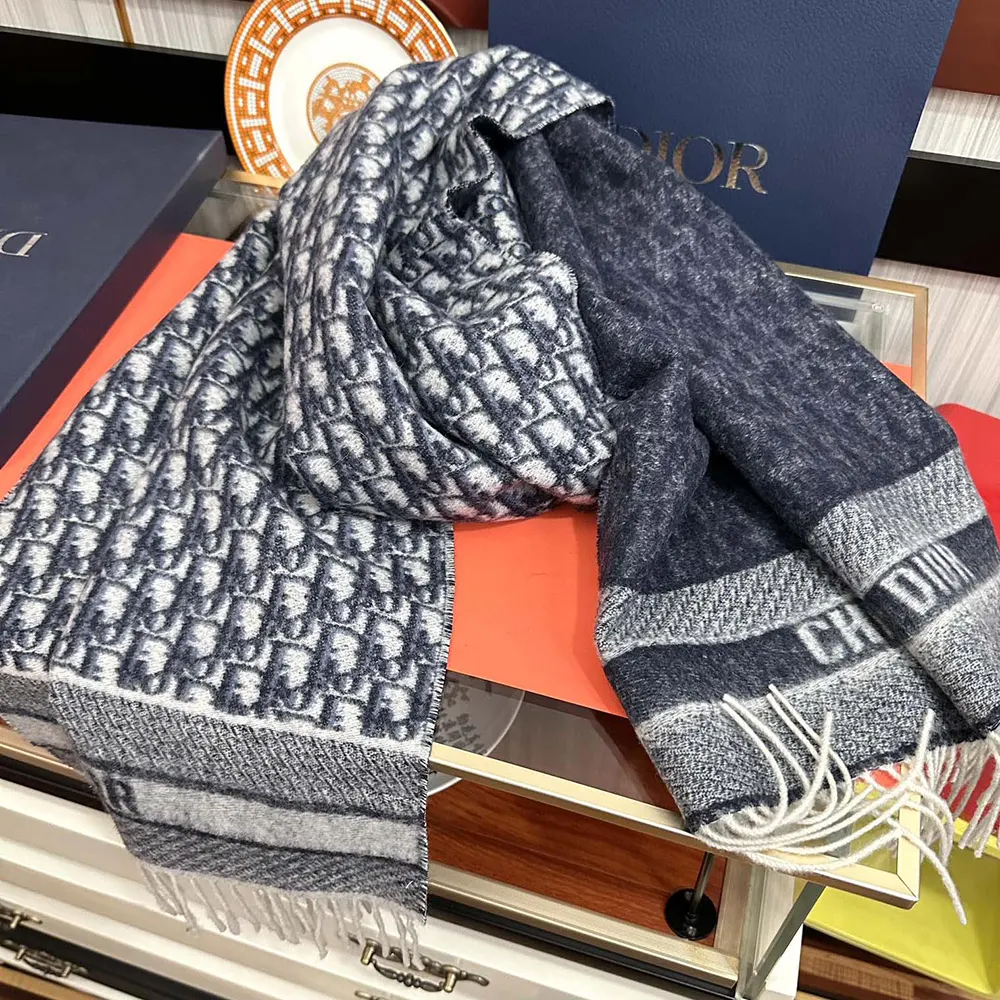 Dior Unisex Oblique Scarf Ecru and Navy Blue Cashmere - image 5