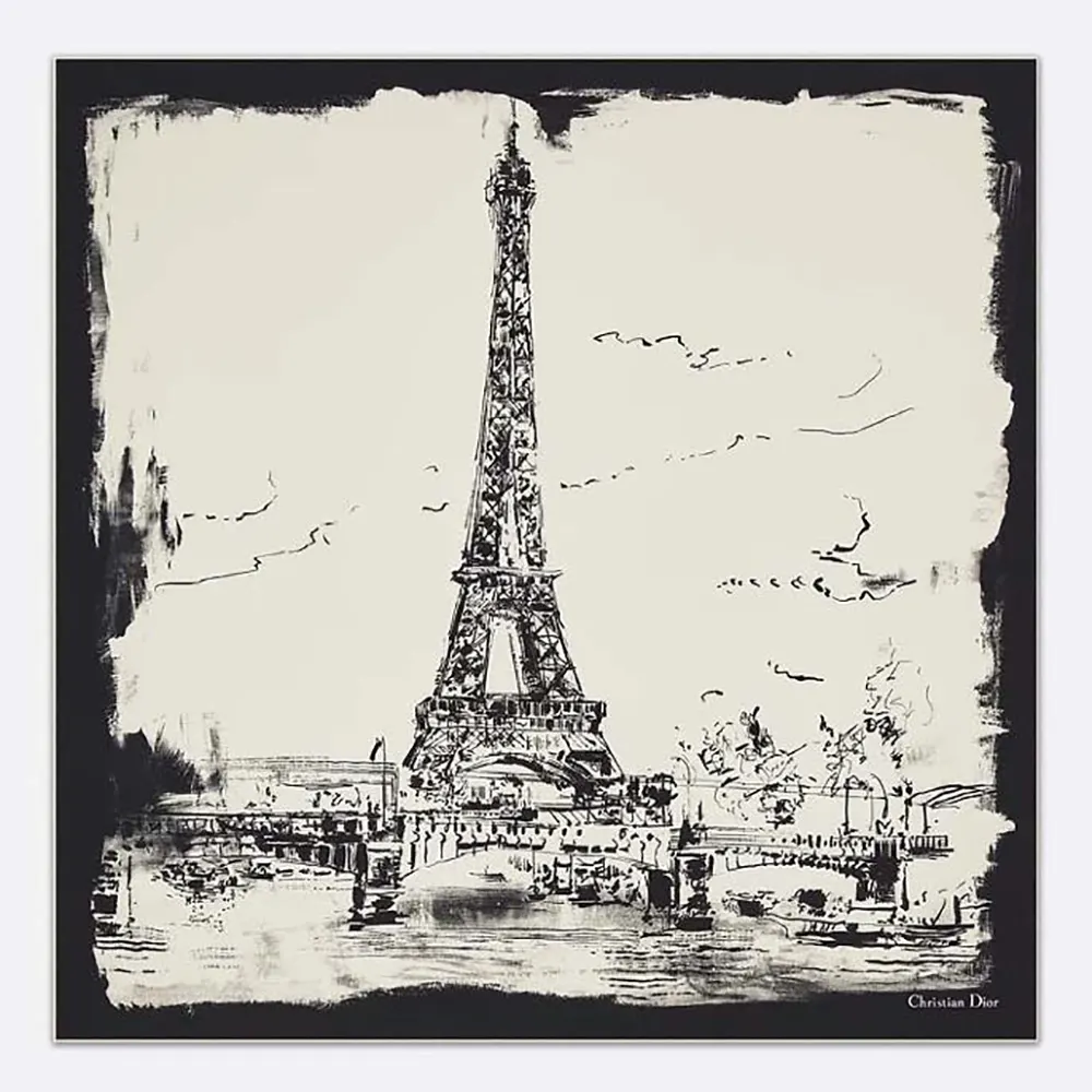 Front view of Dior Unisex Paris 90 Square Scarf in black and ecru