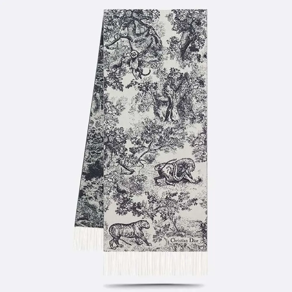 Front view of Dior Unisex Toile de Jouy Sauvage Scarf Navy Blue Cashmere and Wool