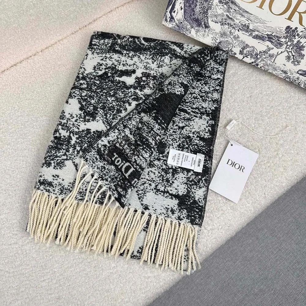 Close-up detail of navy blue Toile de Jouy pattern on Dior unisex scarf