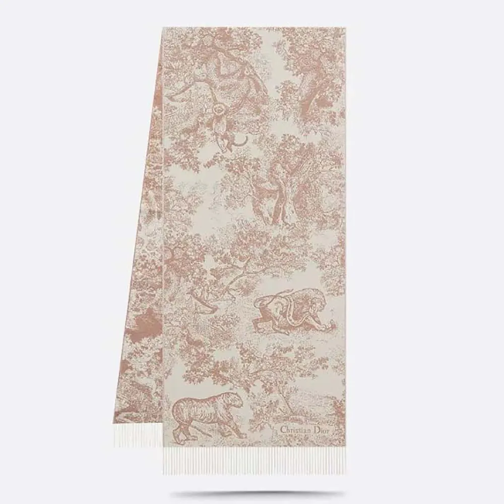 Front view of Dior Unisex Toile de Jouy Sauvage Scarf Rose Des Vents Cashmere and Wool