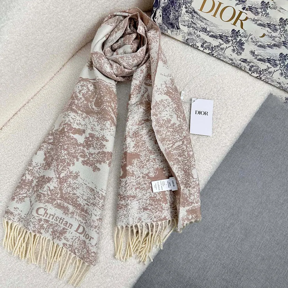 Close-up showing Toile de Jouy Sauvage print on Dior unisex rose scarf