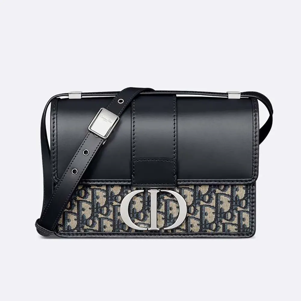 Front view of Dior Women 30 Montaigne Bag Blue Dior Oblique Jacquard and Smooth Calfskin