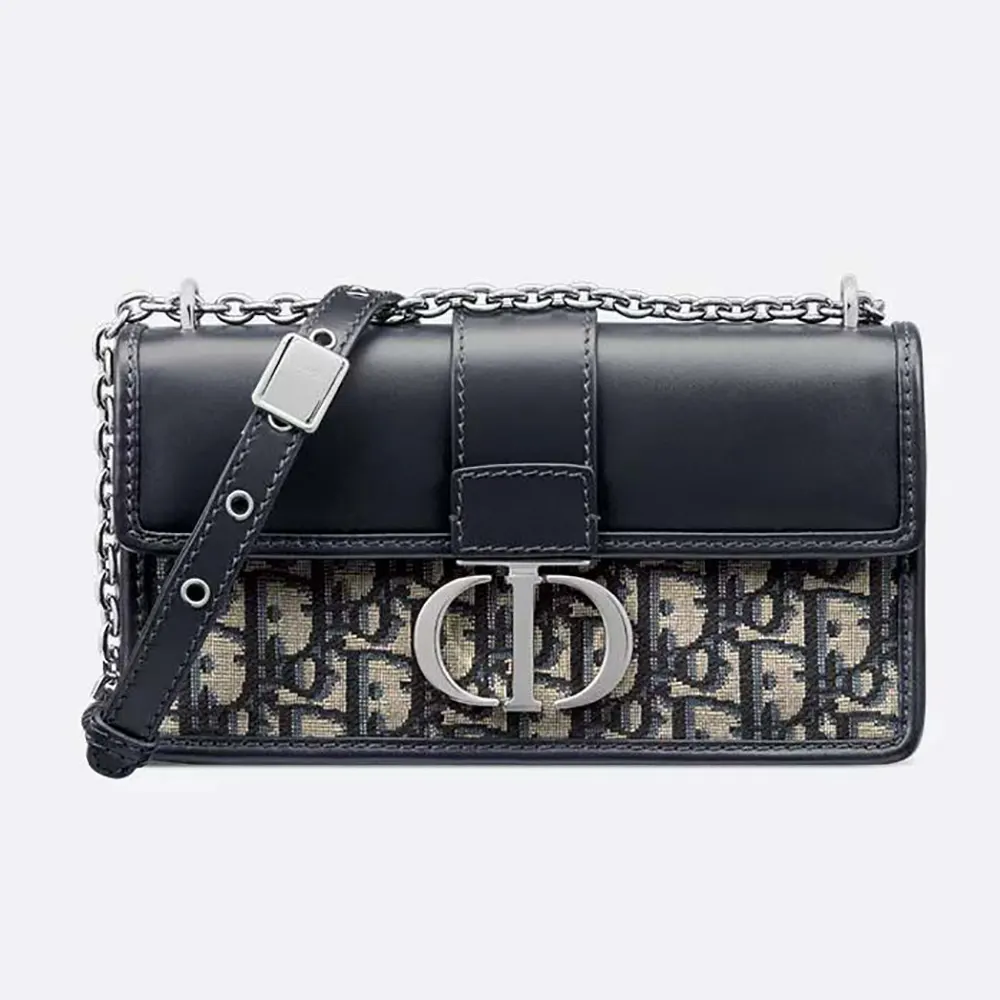 Front view of Dior Women 30 Montaigne East-West Bag with chain navy jacquard