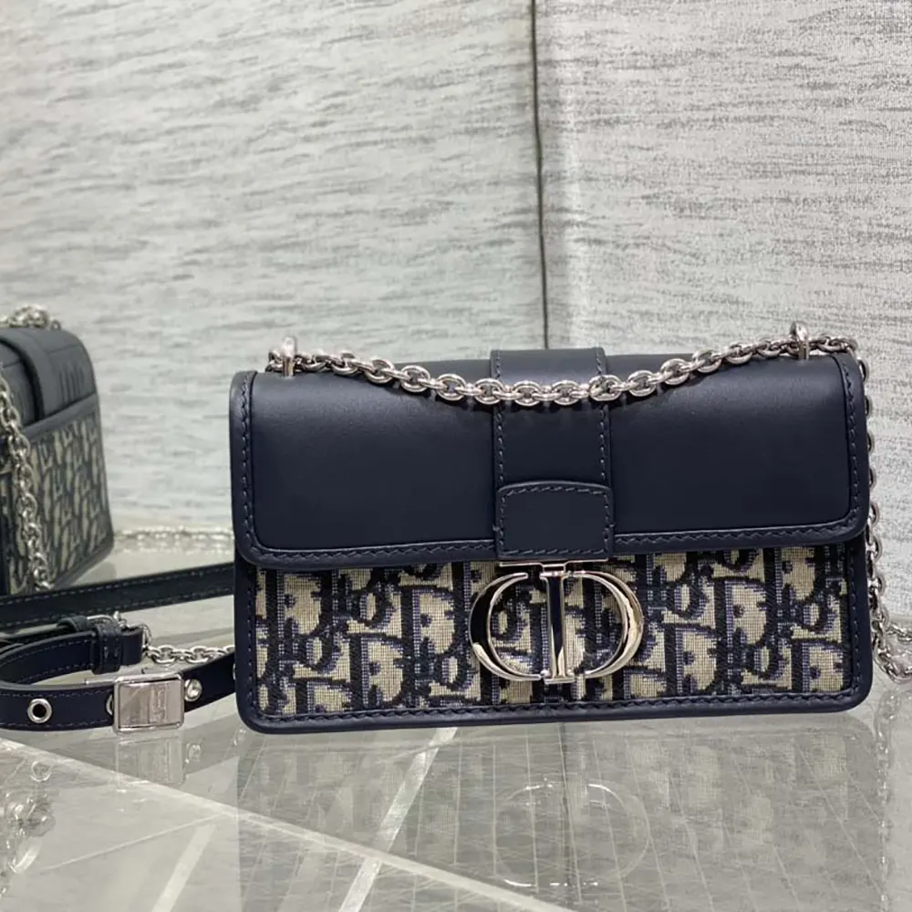 Side profile showing compact shape of Dior Women 30 Montaigne East-West Bag